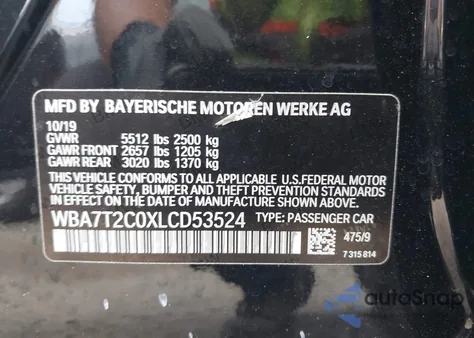 2020 BMW 740 z USA, uszkodzony, nr VIN WBA7T2C0XLCD53524